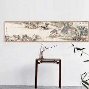 Pavilions and Chinese garden decor rockery, Retro style long horizontal Chinese landscape painting art print, 春竹沁館圖 Hufan&Chaoran 148X34 cm