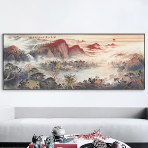 Extra wide horizontal Chinese landscape painting, autumn mountain landscape painting, Xuan paper/Silk print/Canvas print, Feng shui wall art