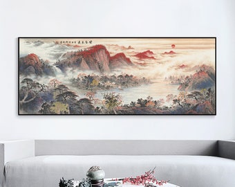 Extra wide horizontal Chinese landscape painting, autumn mountain landscape painting, Xuan paper/Silk print/Canvas print, Feng shui wall art