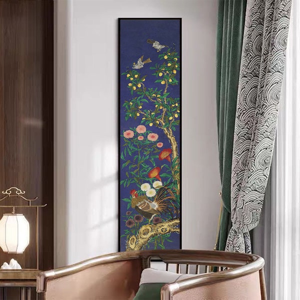 Lemon tree, dahlia blossoms, rooster, Exquisite Chinese meticulous bird and flower art, Chinese luxury ancient style auspicious giclee print