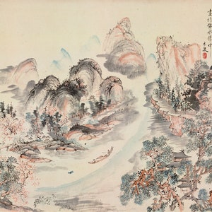 May include: A traditional Chinese ink and wash painting depicting a landscape with mountains, trees, and a river. The painting is done in shades of blue, green, and brown, with hints of pink and red. The mountains are depicted in a stylised way, with rounded peaks and flowing lines. The trees are also stylised, with long, thin branches and delicate leaves. The river is depicted as a winding ribbon of water, flowing through the landscape. The painting is signed in Chinese characters in the top right corner.