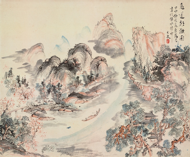 May include: A traditional Chinese ink and wash painting depicting a landscape with mountains, trees, and a river. The painting is done in shades of blue, green, and brown, with hints of pink and red. The mountains are depicted in a stylised way, with rounded peaks and flowing lines. The trees are also stylised, with long, thin branches and delicate leaves. The river is depicted as a winding ribbon of water, flowing through the landscape. The painting is signed in Chinese characters in the top right corner.