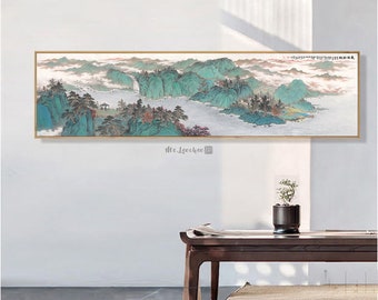 Extra long scroll Shan shui art, horizontal narrow Chinese landscape painting giclee print, extra wide blue-green mountains landscape art WG