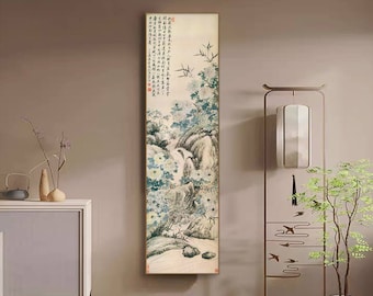 Bamboo and chrysanthemum, by Xi Gang, Qing dynasty antique art replica, vertical narrow Chinese handcrafted silk hanging scroll, 奚岡 竹菊圖