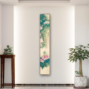 Pink Oleander blossoms art, extra long vertical narrow kneewall wall hanging, meticulous oleander flower painting silk print, fine art print