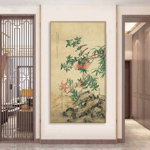 Pomegranates, vibrant meticulous bird-and-flower art print, large vertical watercolor botanic painting, handcrafted hanging scroll 清 屈兆麟 多子图