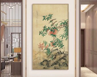 Pomegranates, vibrant meticulous bird-and-flower art print, large vertical watercolor botanic painting, handcrafted hanging scroll 清 屈兆麟 多子图