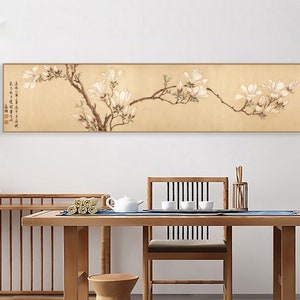White magnolia painting art replica, long horizontal narrow Chinese magnolia brush painting, extra wide oriental minimal botanic wall art