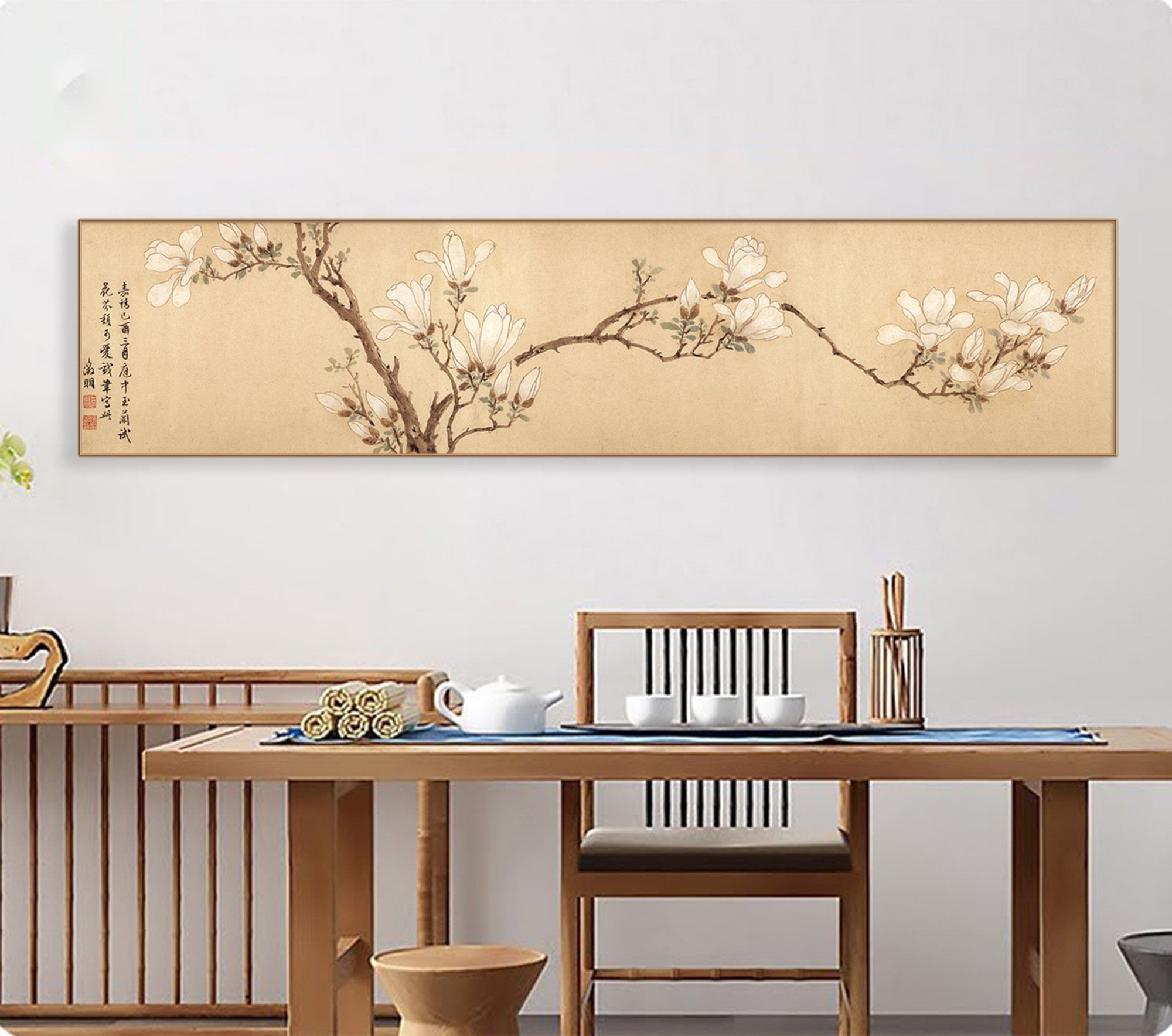 White magnolia painting art replica, long horizontal narrow Chinese magnolia brush painting, extra wide oriental minimal botanic wall art