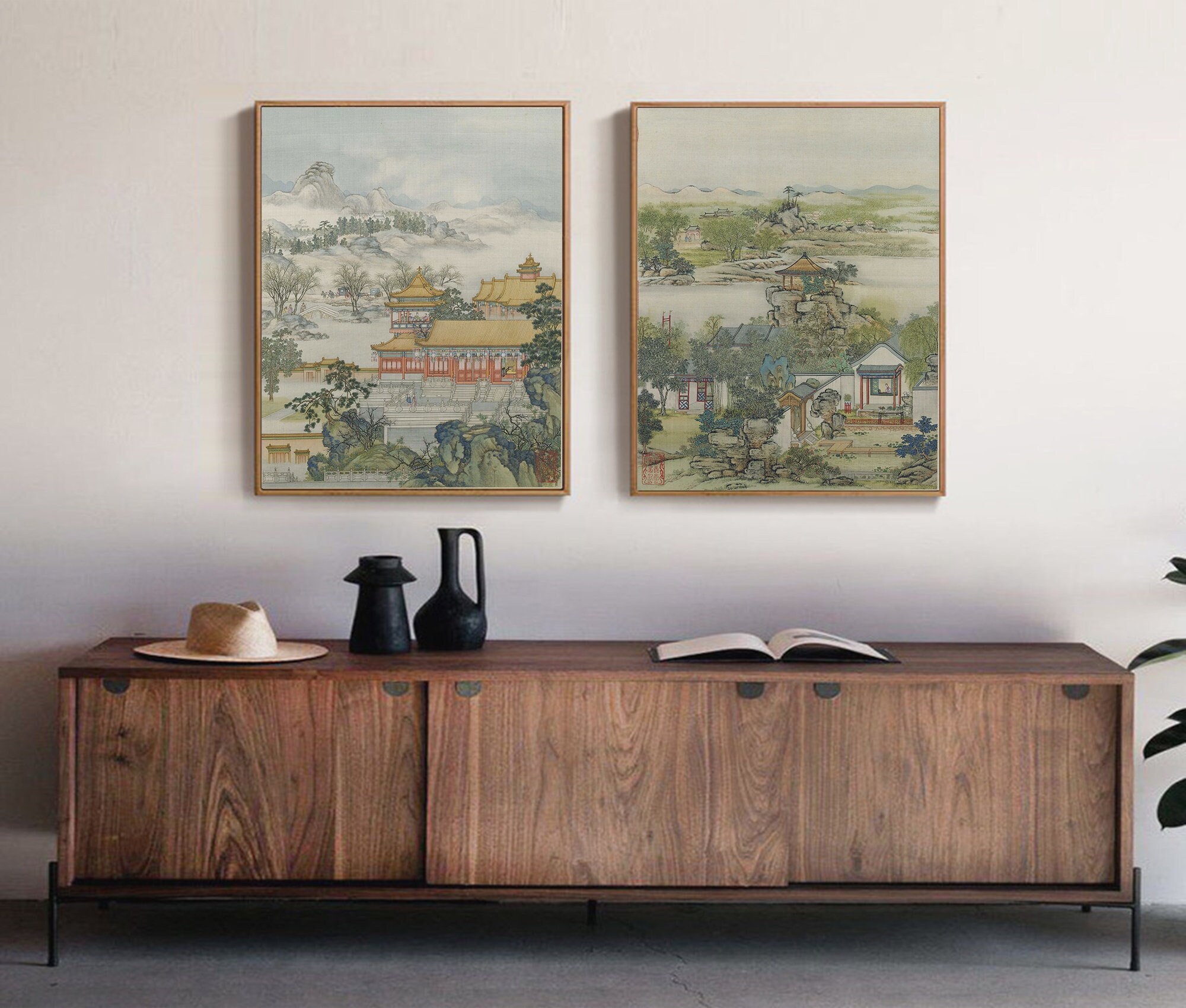 Chinese Meticulous Shan shui Painting silk print, Qing Dynasty/Chen Mei/pavilions Landscape brush painting, silk hanging scroll Chinese gift