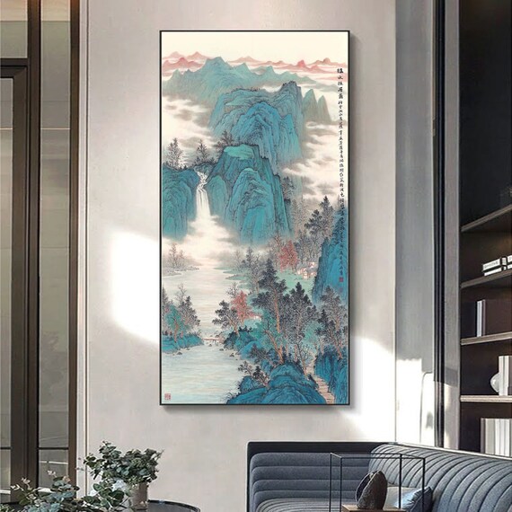 水彩画(蘭シンピジュゥム) Huge Vertical Blue-green Shan Shui Painting, Large Scale Chinese