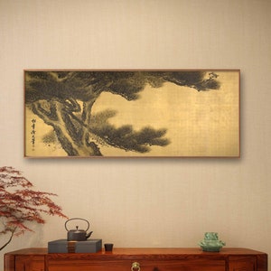 Japanese pine tree brush art, Long horizontal East Asian brush painting decorative wall art,  fine art print, antique pine art silk replica