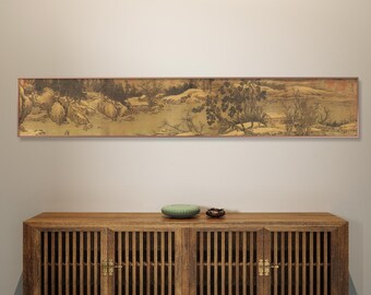 Chinese antique landscape painting replica, silk print, handcrafted silk hanging scroll, East Asian retro style Shan shui art wall decor