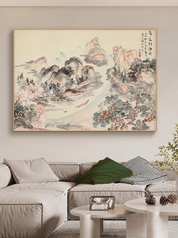Japanese sumi e landscape painting wall décor, Japanese brush painting archival print, gallery canvas wrap, giclee fine art print 青木木米 兔道朝暾圖