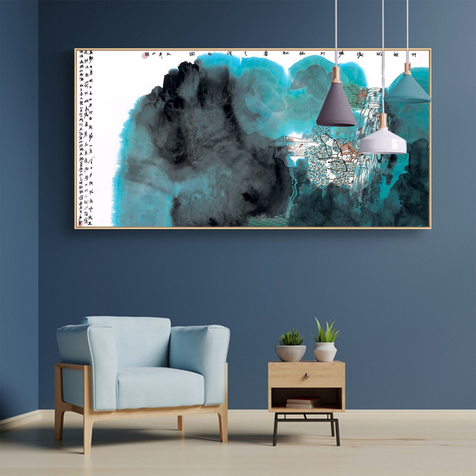 Horizontal Abstract Landscape Painting Ink Brush Mountain Etsy