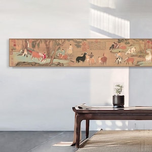 Bathing Horse, by Zhao Mengfu,  Beijing Palace Museum collection, Long narrow horizontal antique Gongbi horses painting replica, silk print