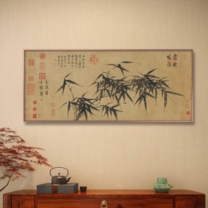 Minimal bamboo brush painting, vintage retro bamboo art wall décor, horizontal handmade silk hanging scroll, archival print on Xuan paper
