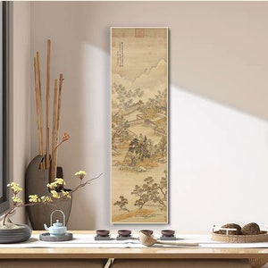 Vibrant Chinese Southern Water Village, Ancient Chinese-style Courtyard, vertical narrow Chinese literati landscape painting, archival print