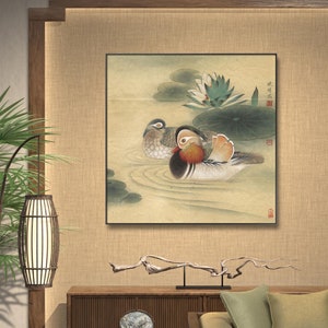 Yuenyeung, 鸳鸯 Mandarin duck, Chinese love bird, Song dynasty taste meticulous painting, HD print, square Chinese Gongbi painting print
