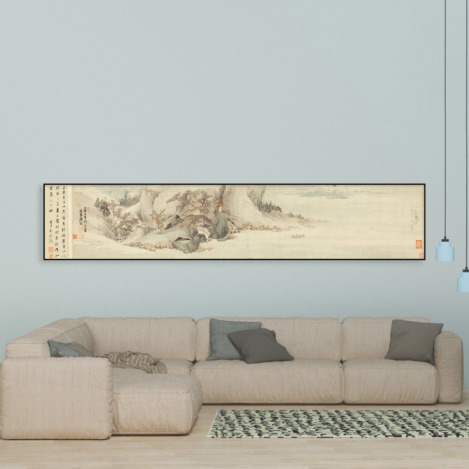 Long scroll of Chinese Landscape, Tang Yin/ Ming dynasty, horizontal narrow Shan shui painting, unframed antique art replica, 29x145 cm