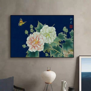 May include: A painting of white and pink flowers with green leaves on a dark blue background. A yellow butterfly is flying above the flowers. The painting has the Chinese characters "樹花" in the top right corner.
