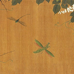 May include: A traditional Japanese painting on a gold background depicts a vine with green leaves and white flowers. Two dragonflies are also painted on the background.
