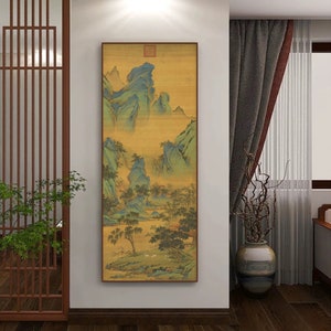 Full of spring, by Qiu Ying, Chinese ancient mountain painting, Ming dynasty antique landscape art replica, giclee print, vertical 仇英 春山吟賞圖