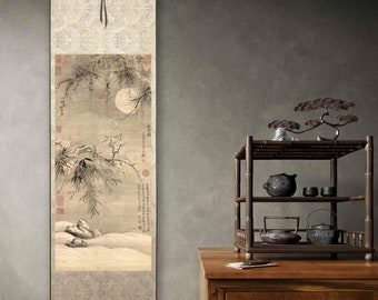 Pine, Bamboo, Plum, Full Moon, East Asian Vintage Style