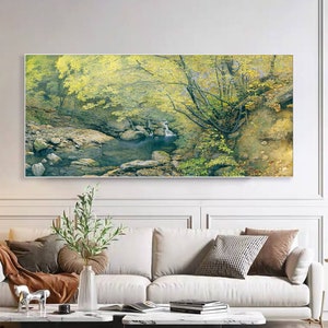Mountain streams and rivers watercolor painting, forest art, Extra large horizontal Spring natural scenery landscape wall art above sofa, YW