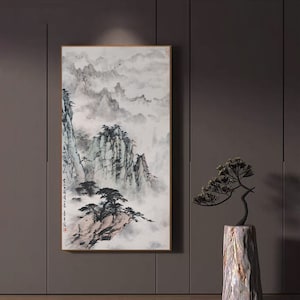 Mount Huangshan, minimal gray tones mountain brush painting, giclee art print, ink wash painting, vertical yellow mountain hanging scroll