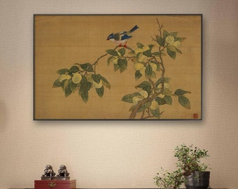 Antique meticulous bird and fruit art print, high quality micro-jet silk print on silk/Xuan paper, Classic Chinese Gongbi decor wall art