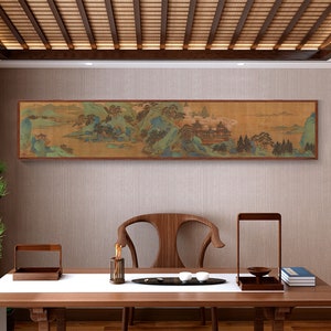Chinese Antique painting Silk print, Song dynasty, early spring miles mountain landscape art, Extra Long horizontal narrow landscape art