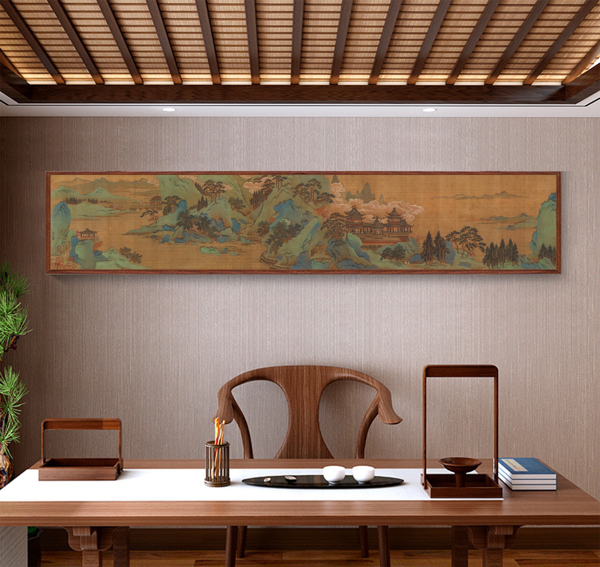 Chinese Antique painting Silk print, Song dynasty, early spring miles mountain landscape art, Extra Long horizontal narrow landscape art