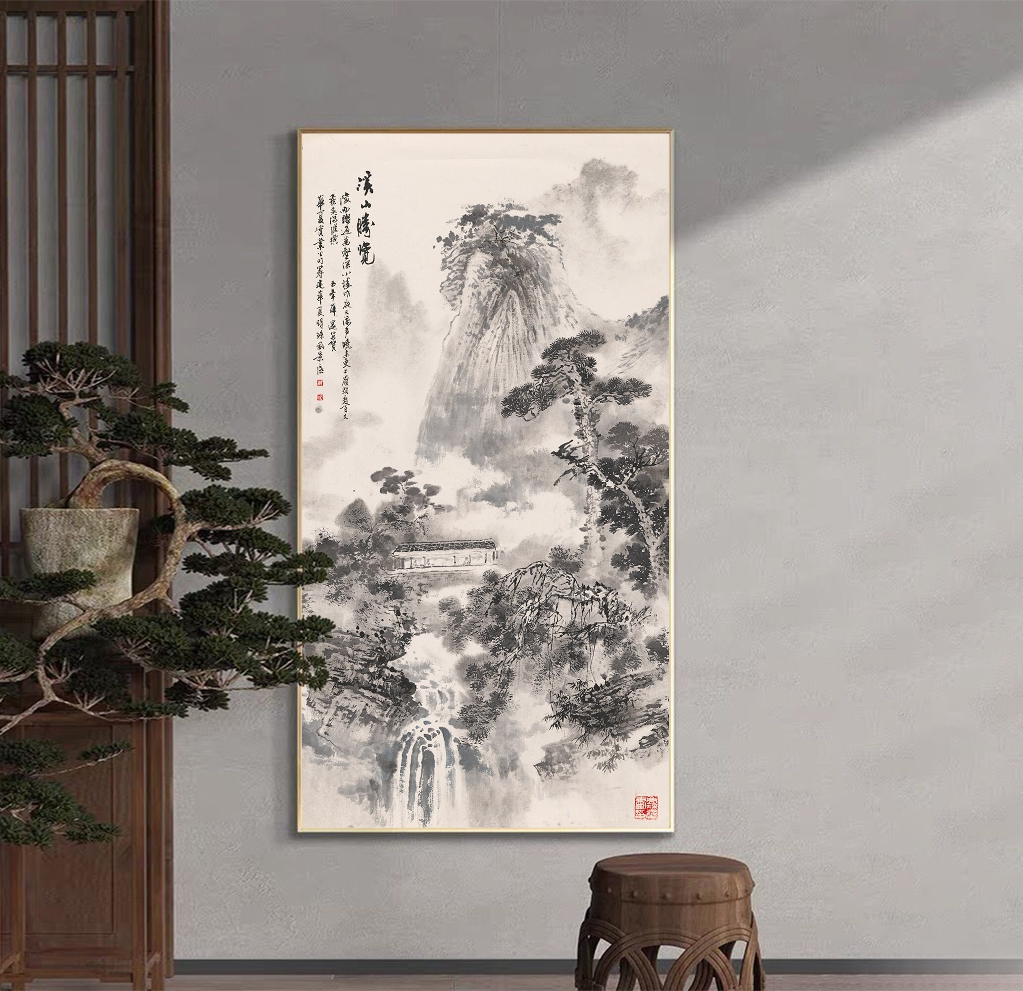 【原画】水墨画 和風アート 一点物 額縁付き 松と山の景色