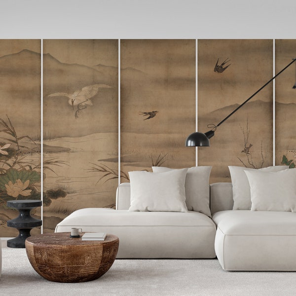 East Asian vintage botanic painting décor, removable peel and stick wallpaper, large scale minimal Japanese bird and flower art wall mural