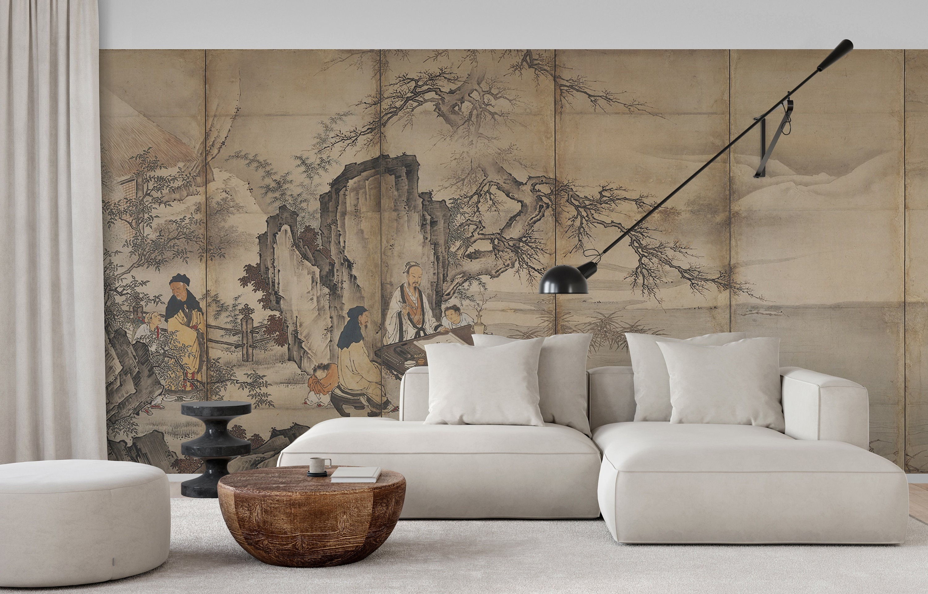 Amidst mountains and rivers, Japanese literati painting screen art, giclee fine art print, wide removable peel and stick wallpaper, 狩野松荣