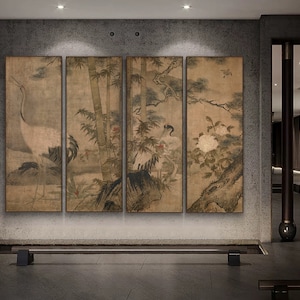Red crowned crane auspicious wall art, giclee print, Sesshū, 雪舟等杨, 1420-1506, Japanese art, set of 4, bird-and-flower painting
