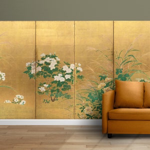 Omoteya Soyuki, Autumn Grass and Plant, Japanese botanic garden painting screen art print, removable peel and stick wallpaper, wall mural