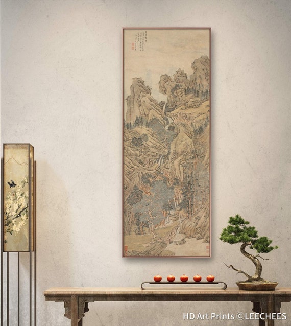 Playing Music in the Mountains Vertical Chinese Wall Art 