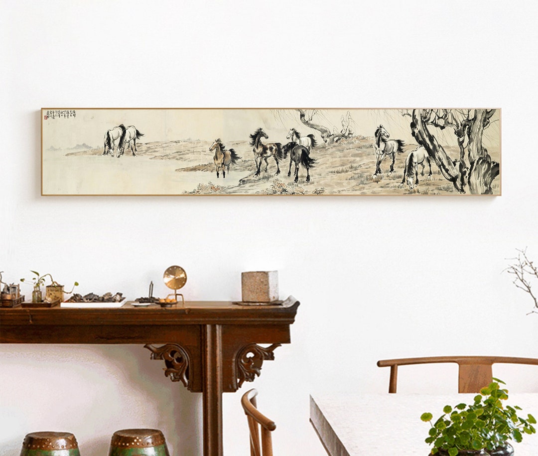 Long Narrow Horizontal Eight Horses Brush Painting, Sumi E Horse