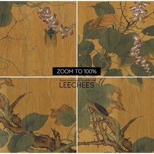May include: A vintage Chinese painting depicting a branch of a lychee tree with green leaves, purple flowers, and brown insects. The painting is on a yellowed paper background. The text "ZOOM TO 100%" and "LEECHES" is visible in the image.