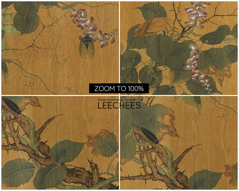 May include: A vintage Chinese painting depicting a branch of a lychee tree with green leaves, purple flowers, and brown insects. The painting is on a yellowed paper background. The text "ZOOM TO 100%" and "LEECHES" is visible in the image.