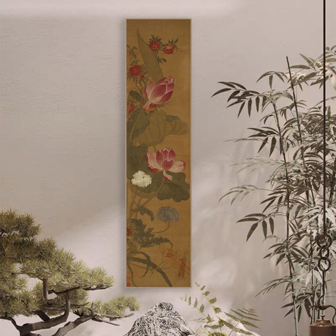 Antique Chinese Lotus Art Replica, Giclee Silk Print, Vertical Narrow ...