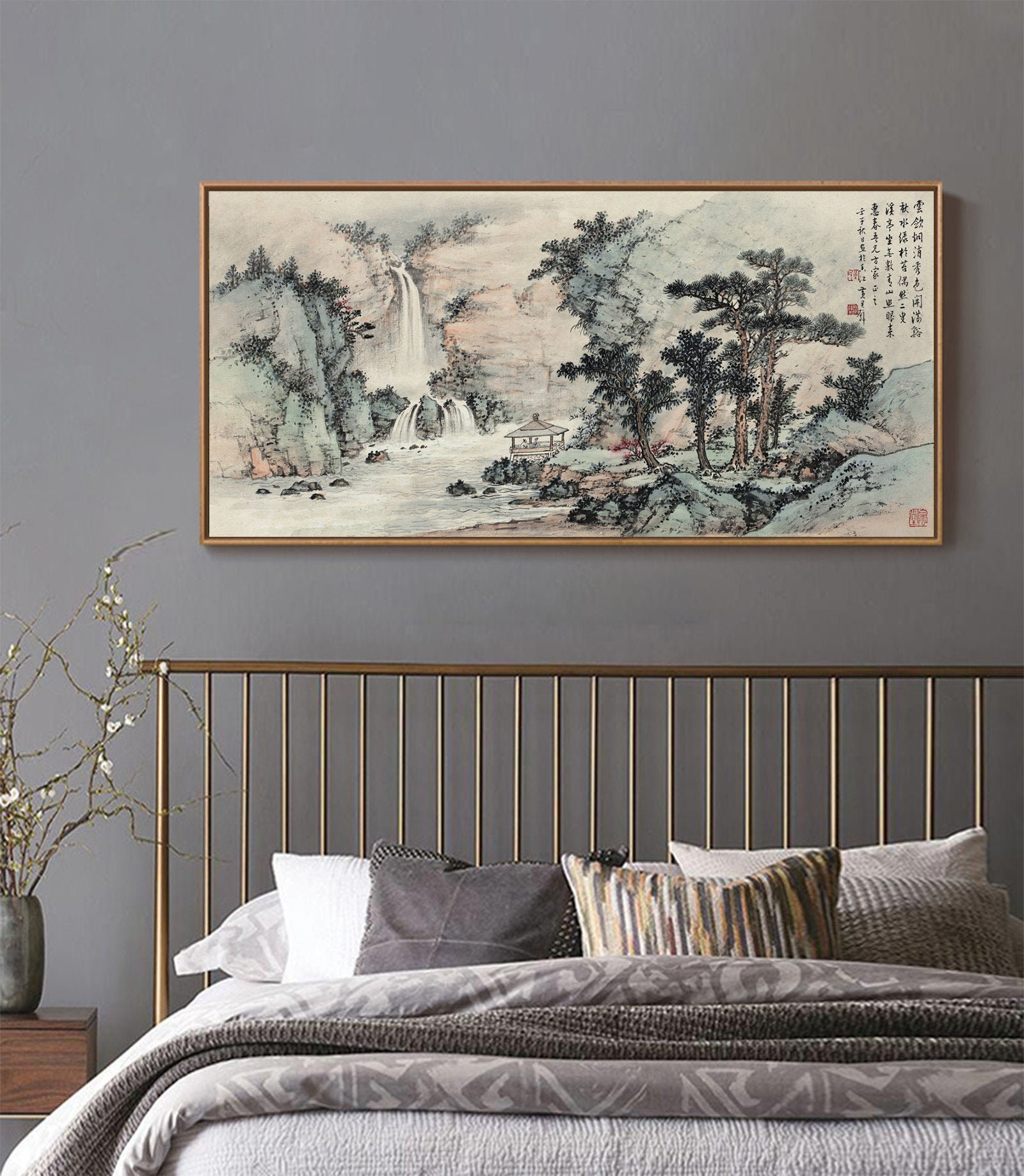 Horizontal mountains and rivers brush painting fine art print, Chinese Shan shui wall art décor, giclee print vintage art replica, 1898 山亭觀瀑
