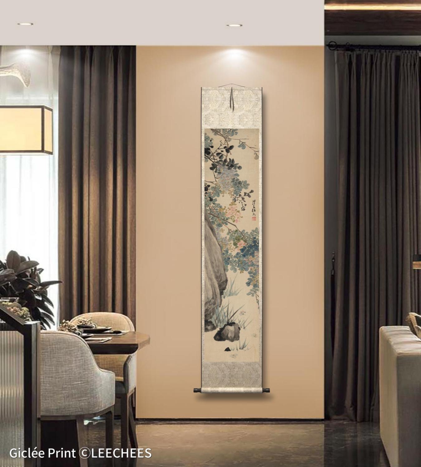 ライラックと蓮、縦長の花の絵画 2 枚セット、中国の水墨画、手作りの 