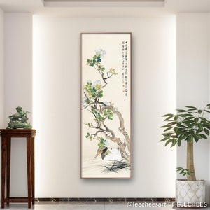 Crepe-myrtle and duck couple, , freehand style Bird and flower art, Chinese botanical brush painting Xuan paper print, East Asian wall decor
