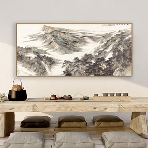 Ink brush mountain art, ink wash misty mountain painting, Chinese landscape painting, extra large horizontal Xuan paper archival print