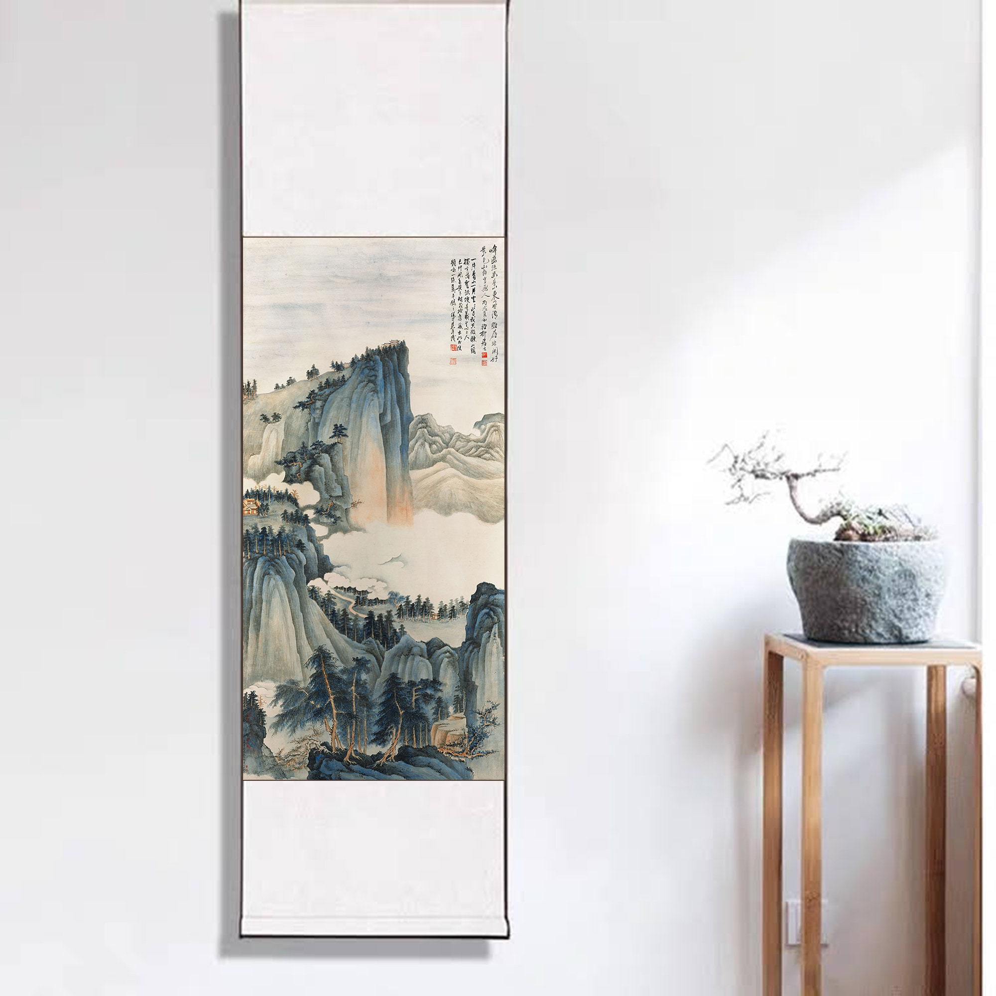 Calm Ink Blue Mountain Peaks Painting, Large Size Vertical
