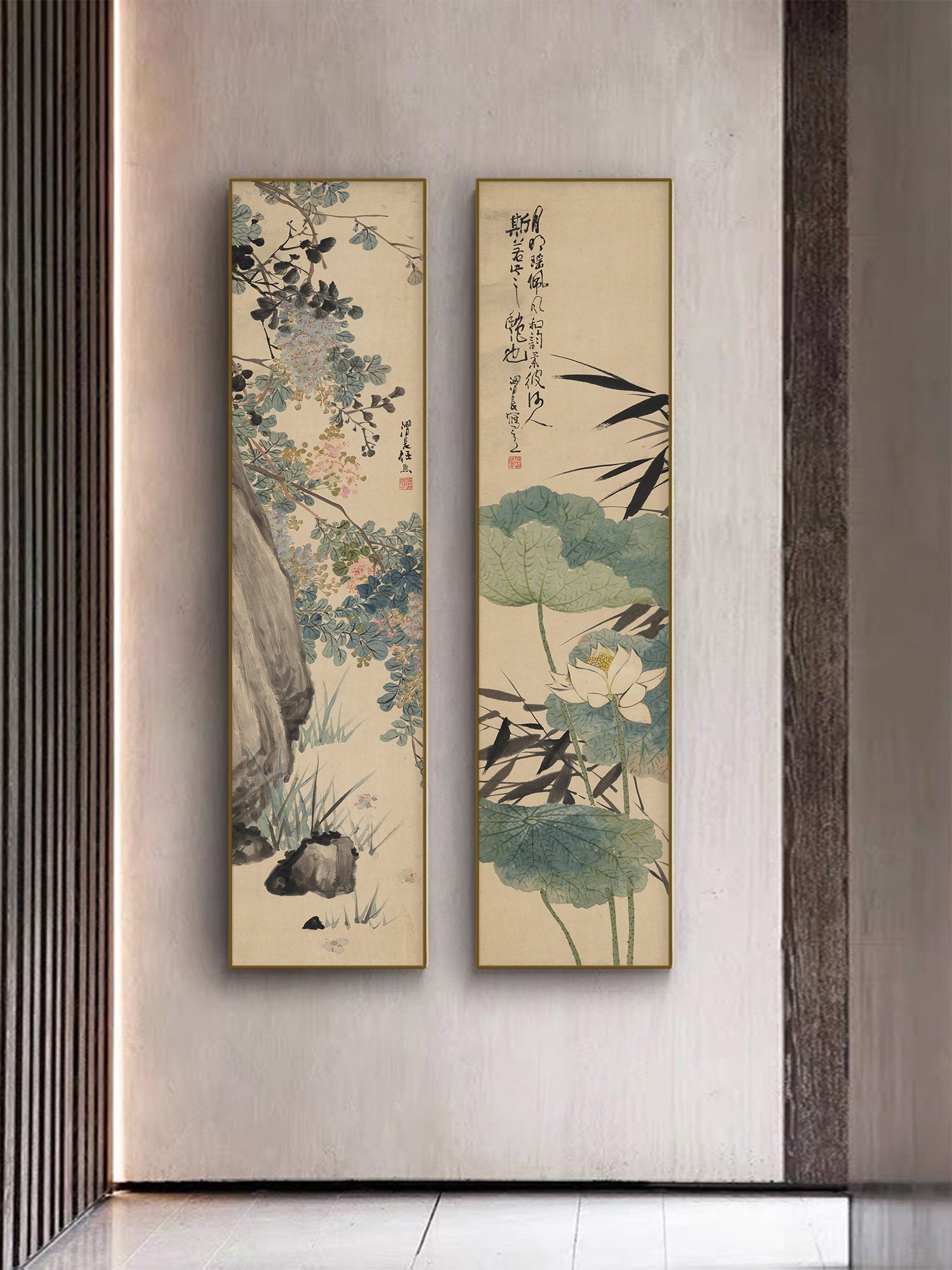 ライラックと蓮、縦長の花の絵画 2 枚セット、中国の水墨画、手作りの