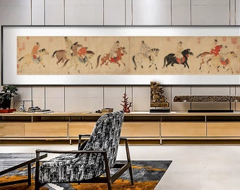 The Five Drunken Princes Returning on Horseback, Ren Renfa, Long narrow horizontal antique Gongbi painting, ancient art replica, silk print